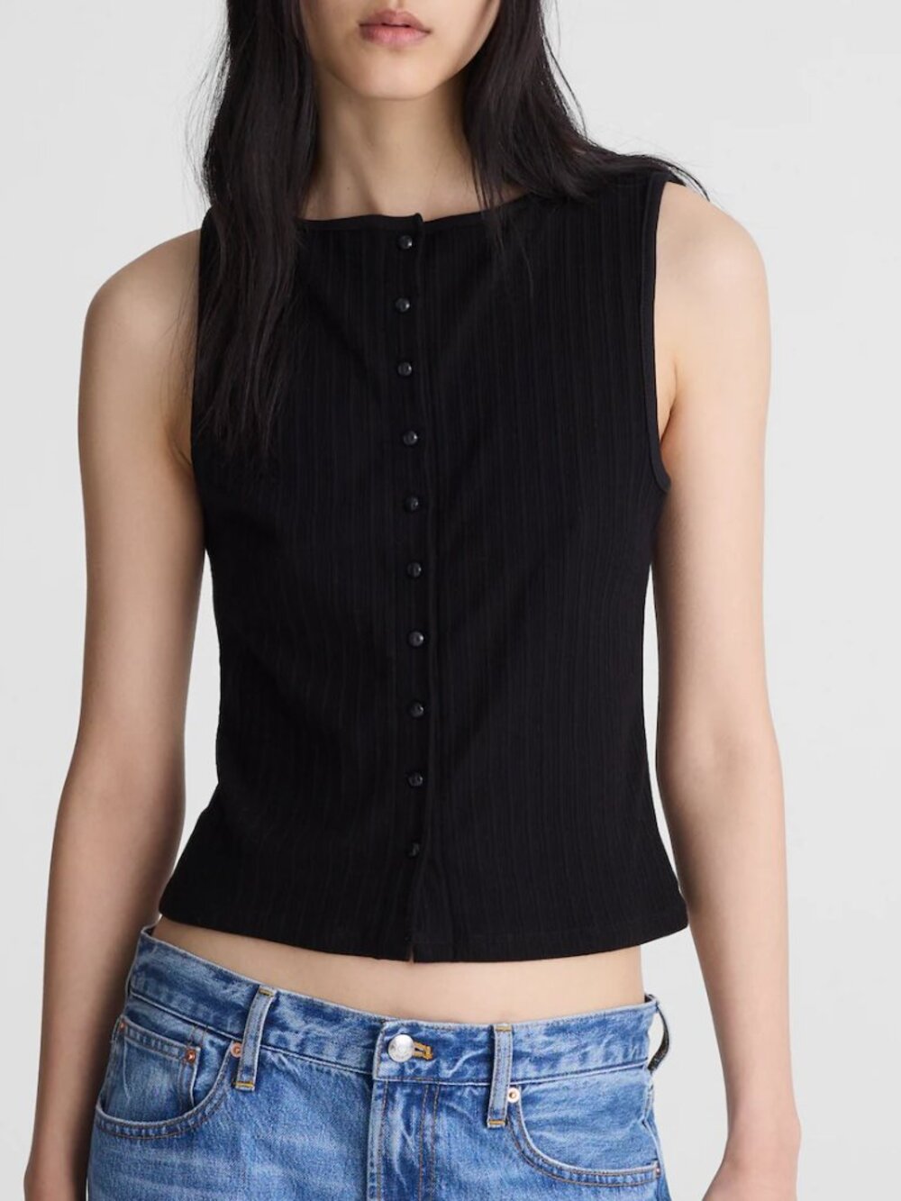 Madewell Ribbed Button Front Cotton Crewneck Sleeveless Shell Top Black L NWT